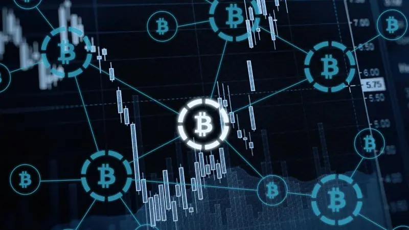 Red de nodos con símbolos de Bitcoin sobre un gráfico