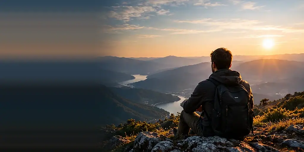 Persona contemplando un amanecer sobre las montañas