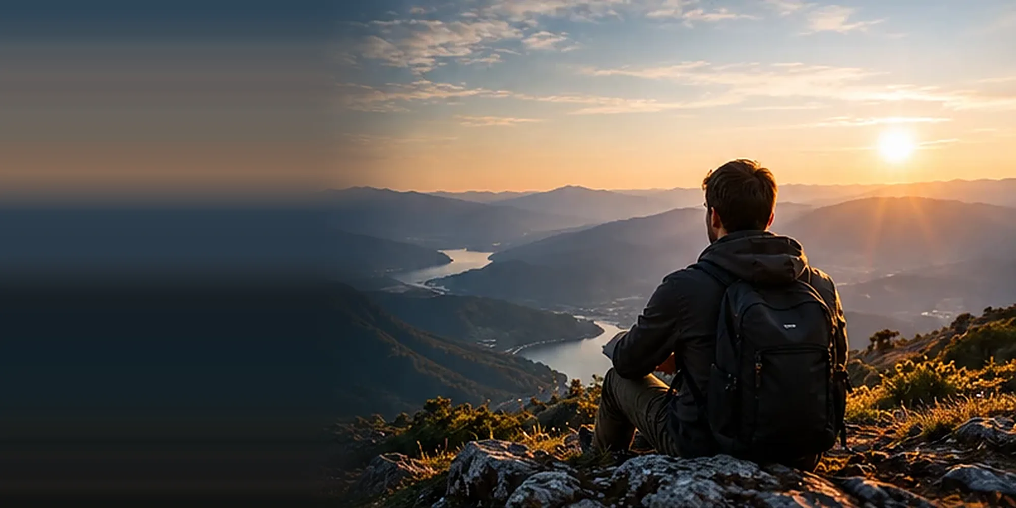 Persona contemplando un amanecer sobre las montañas