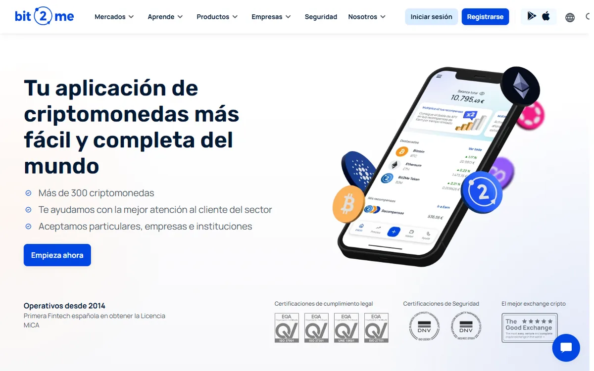 Página de inicio de Bit2Me con el mensaje «Tu aplicación de criptomonedas más fácil y completa del mundo»