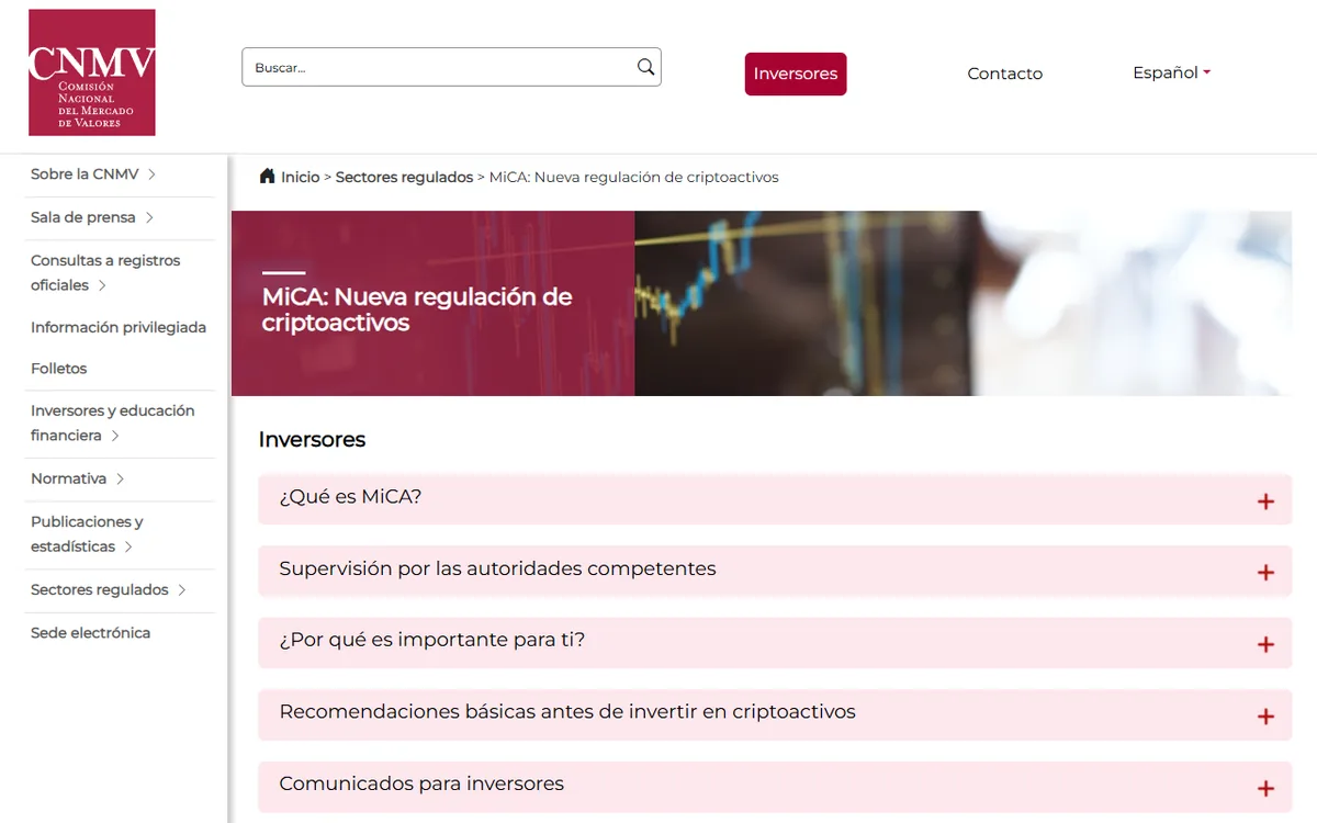 Página «MiCA: Nueva regulación de criptoactivos» en la web de la CNMV, con apartados para inversores