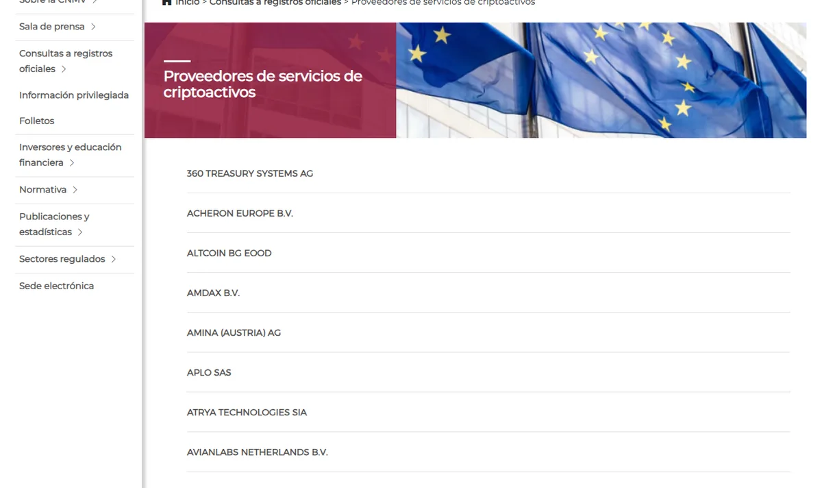 Listado alfabético de proveedores de servicios de criptoactivos en la web de la CNMV