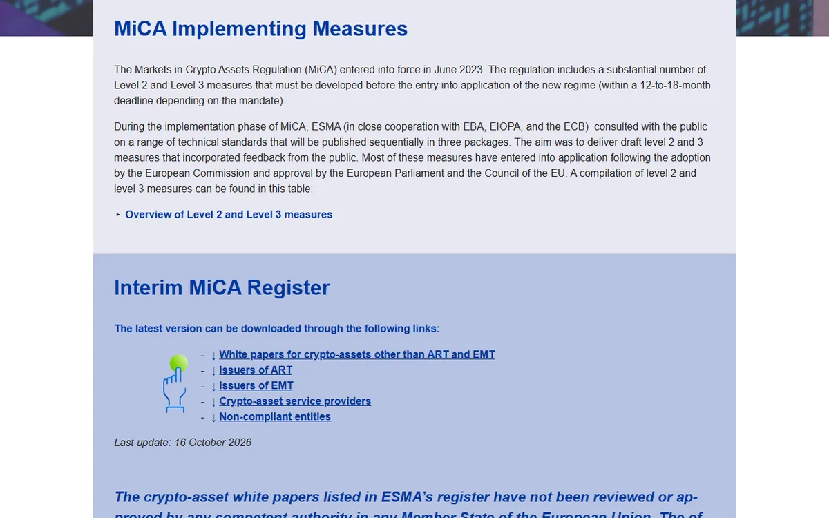 Sección Interim MiCA Register de la web de ESMA con los enlaces de descarga de los registros