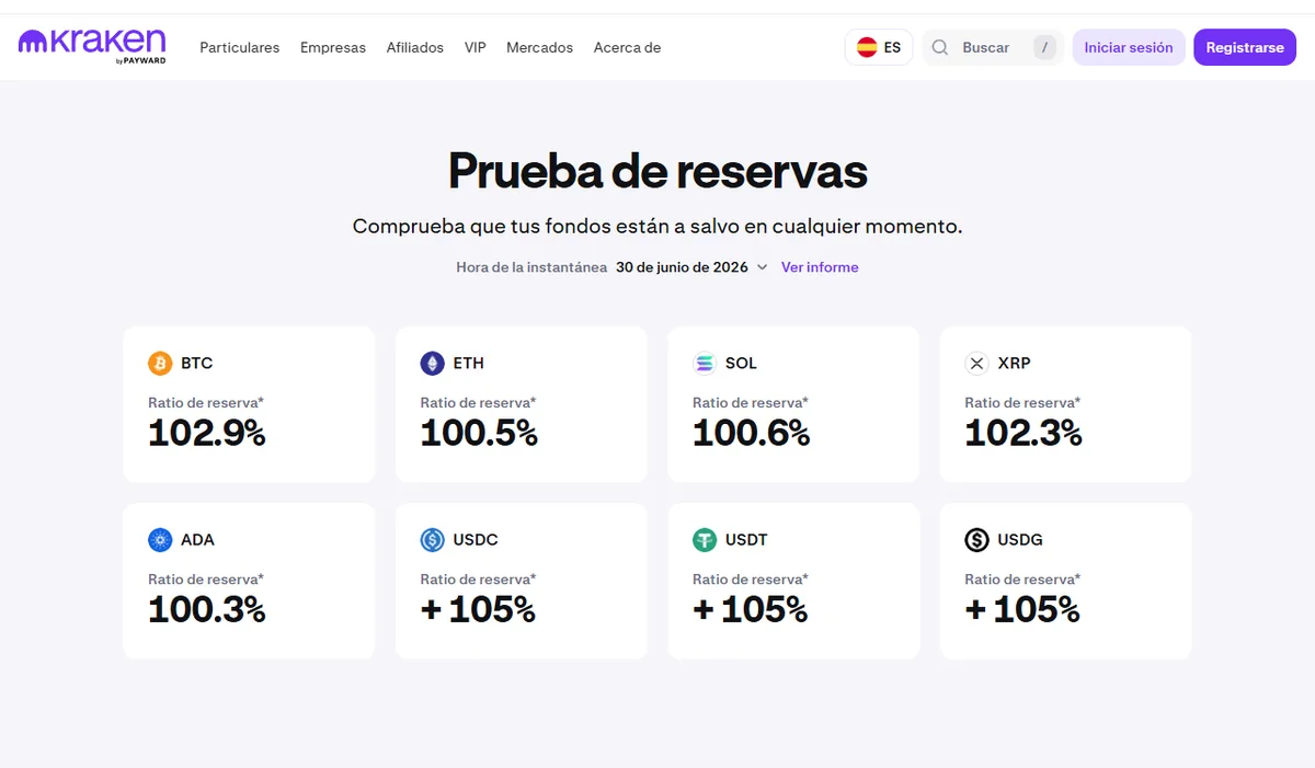 Página de prueba de reservas de Kraken con ratios por criptomoneda