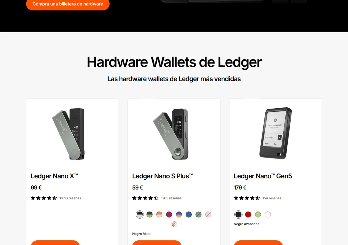 Gama de hardware wallets de Ledger en su tienda oficial, con la Nano X, la Nano S Plus y la Nano Gen5