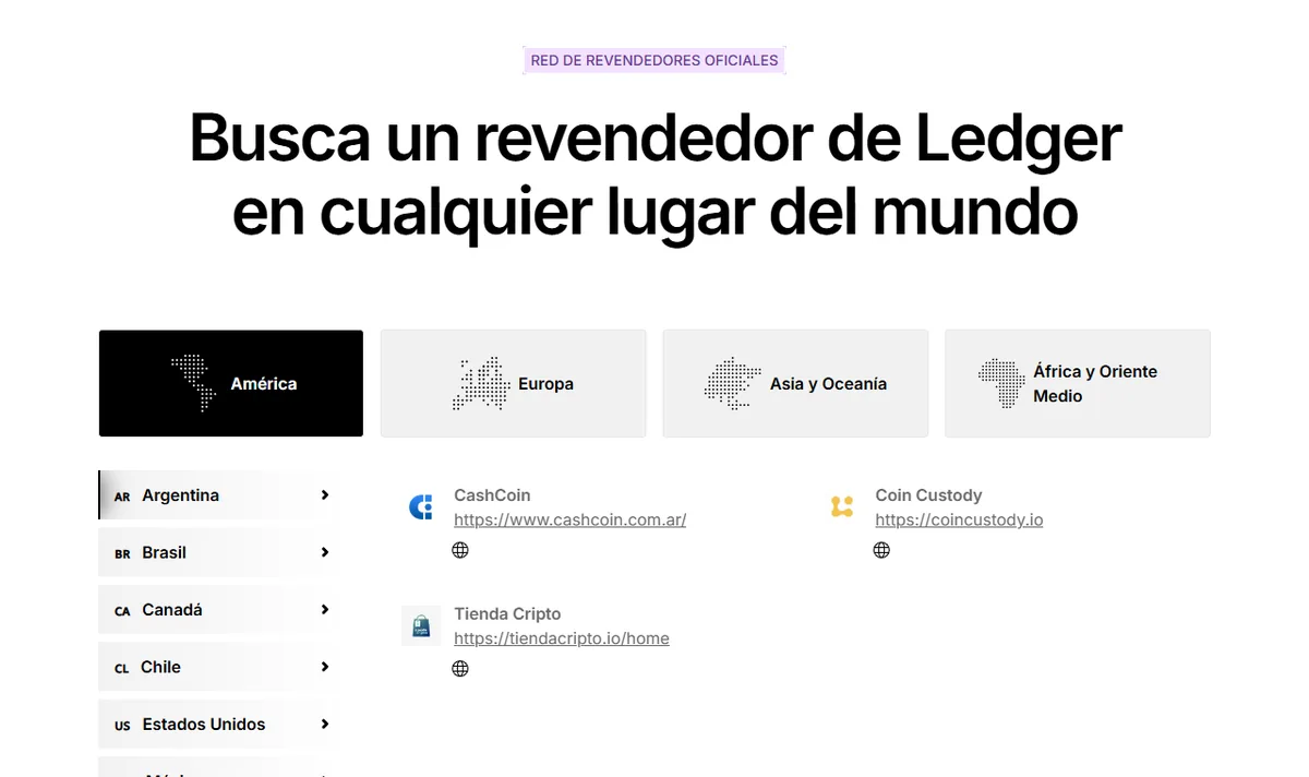 Lista de revendedores oficiales de Ledger en Argentina: CashCoin, Coin Custody y Tienda Cripto
